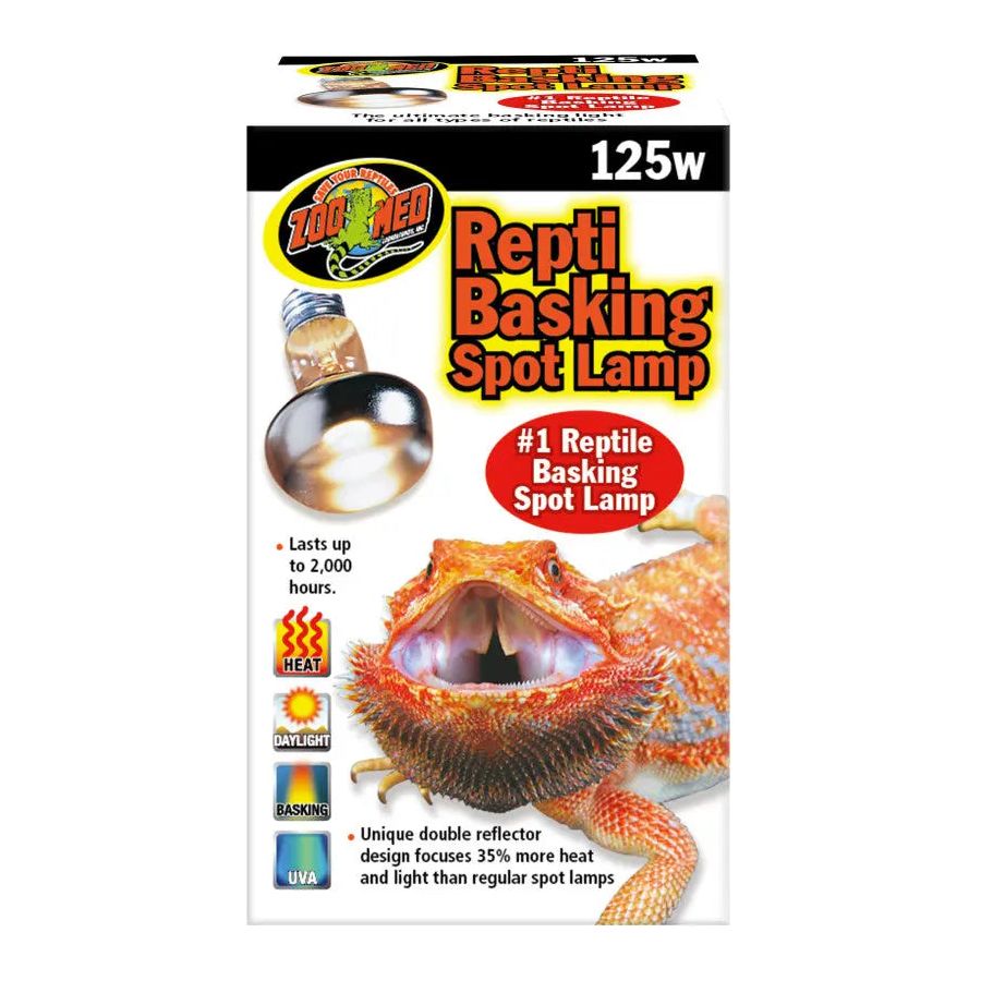 Zoo Med Laboratories Repti Basking Spot Lamp Replacement Bulb, 125W, for reptiles. Features a bearded dragon under lamp. Provides heat, daylight, UVA; Double Reflector boosts output; lasts up to 2,000 hours.