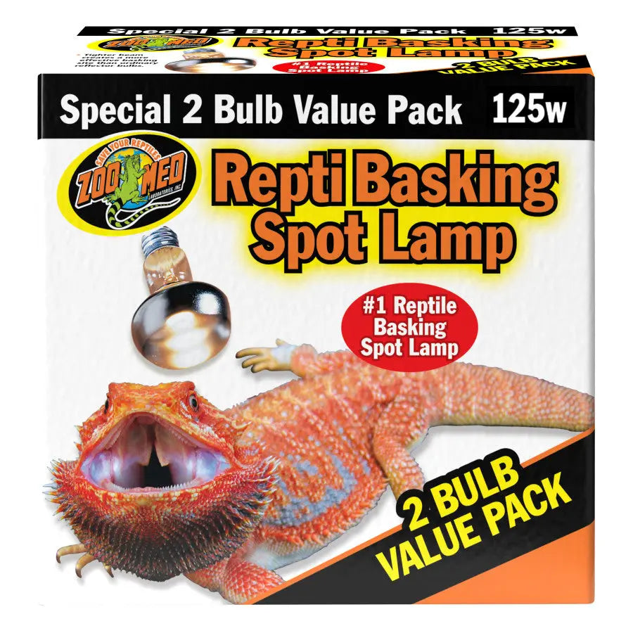 Zoo Med Laboratories Repti Basking Spot Lamp Replacement Bulb, 125W, features a double reflector and bearded dragon image. Comes as a 2-bulb value pack—ideal lighting for tropical and desert reptiles.