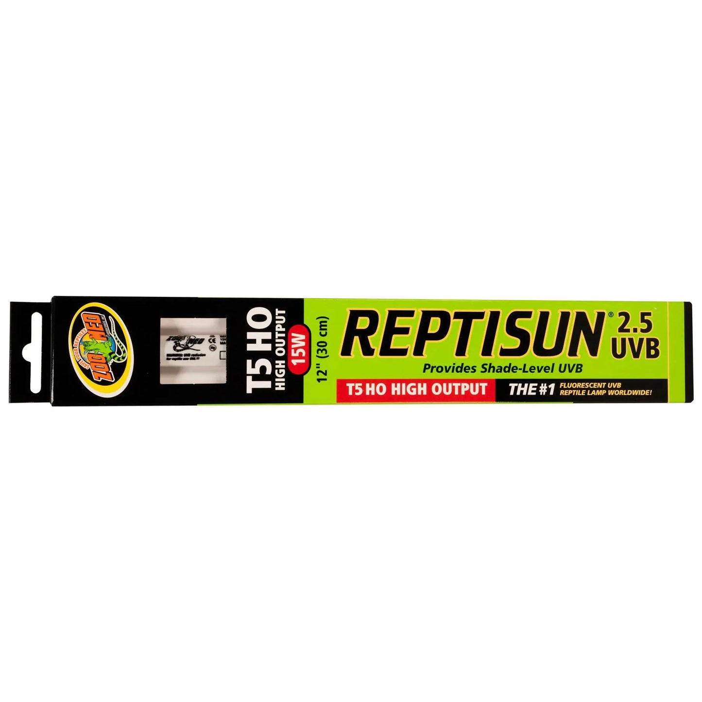 The Zoo Med Laboratories ReptiSun T5 HO 2.5 UVB Lamp 15W, ideal for geckos, snakes, and frogs, comes in a green and black box with product info like size (12 in./30 cm) and shade-level UVB output for reptile care.