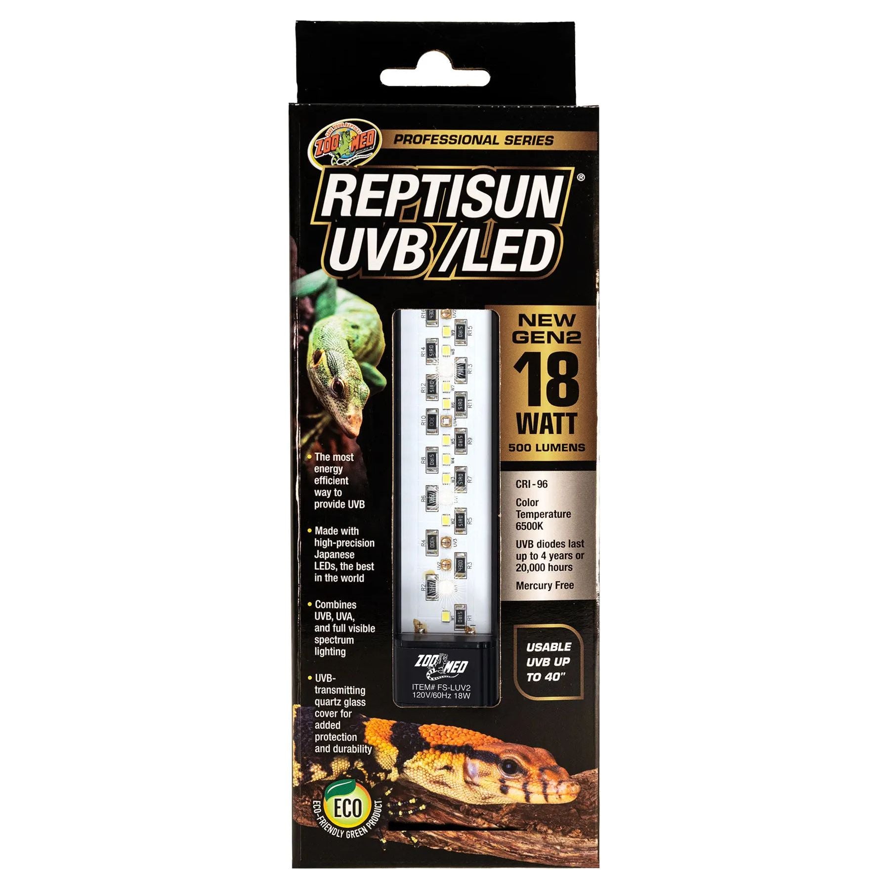 Retail box for Zoo Med Laboratories ReptiSun UVB/LED Gen2 Advanced UVB & UVA Reptile Lamp. Features reptiles, 18W, 500 lumens, eco-friendly design, and vitamin D3 support—a perfect UVB/LED blend for healthy reptile habitats.