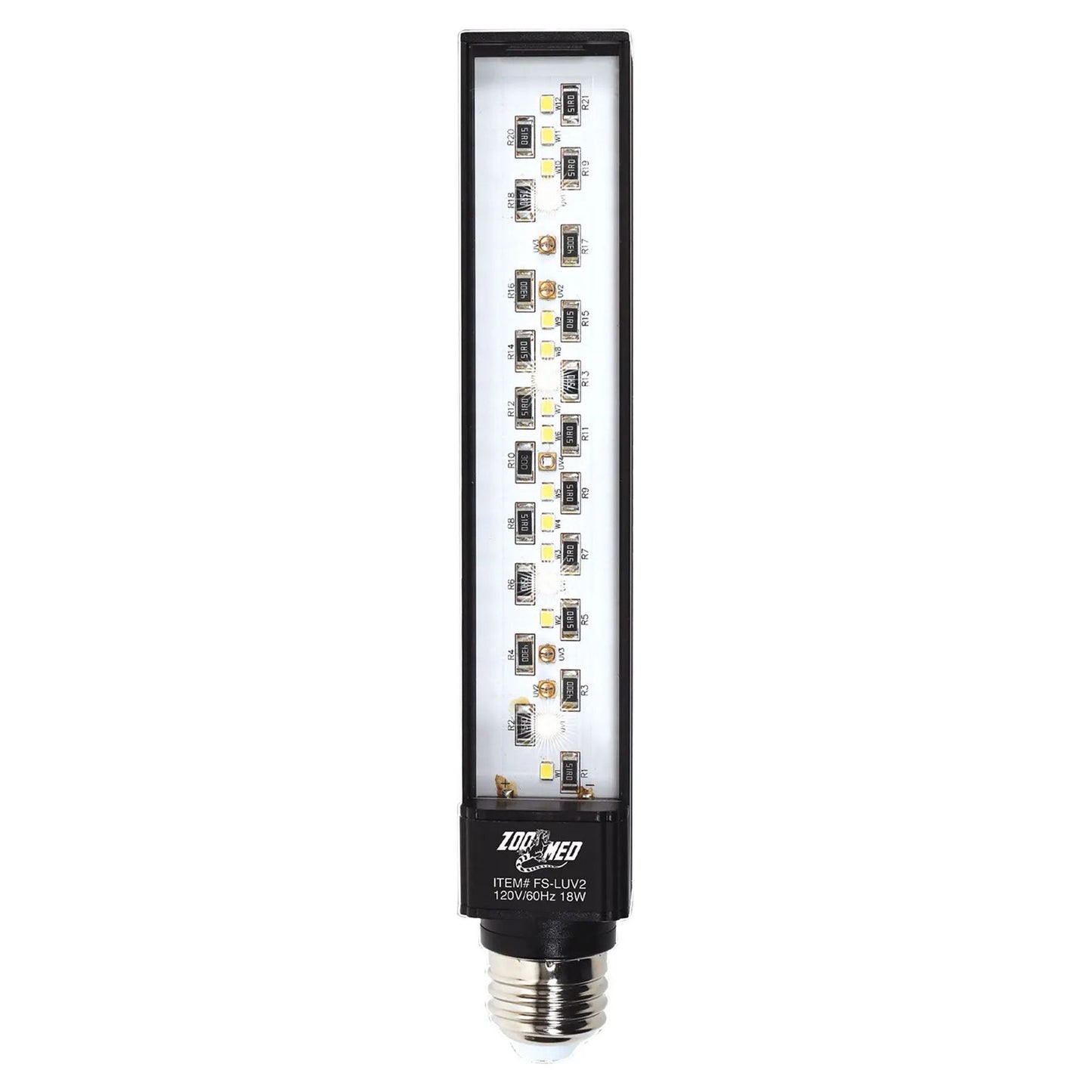 The Zoo Med ReptiSun UVB/LED Gen2 Reptile Light by Zoo Med Laboratories features exposed diodes in a clear rectangular casing and mounts on a standard screw-in base. Its label details optimal info for vitamin D3 production.