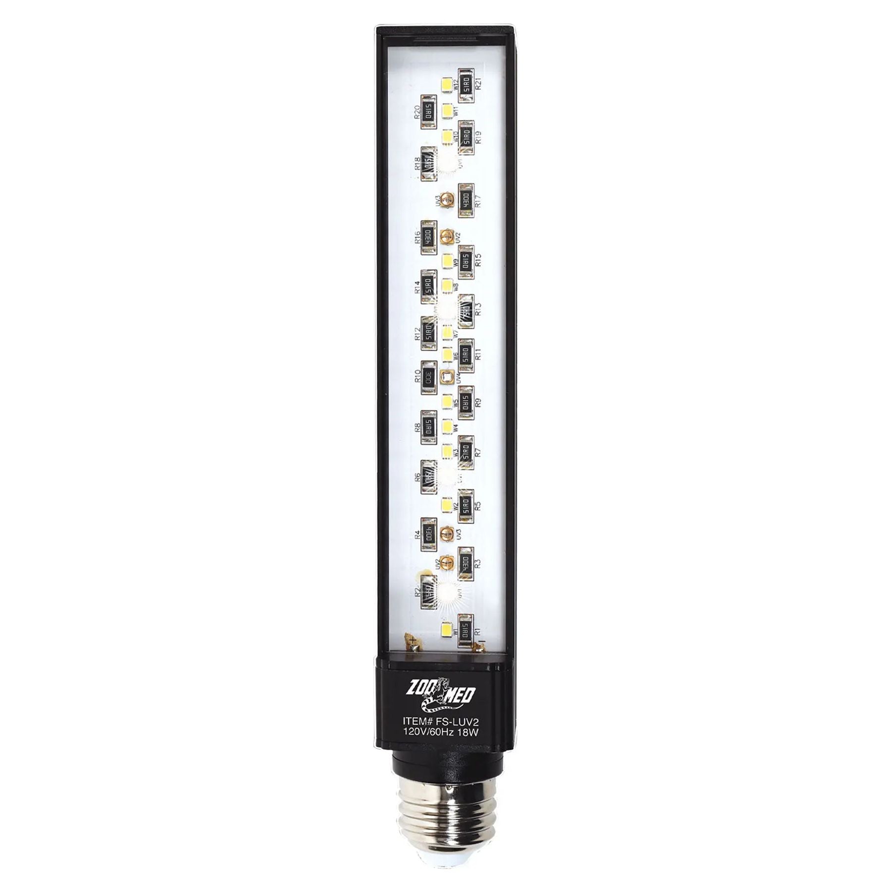 The Zoo Med ReptiSun UVB/LED Gen2 Reptile Light by Zoo Med Laboratories features exposed diodes in a clear rectangular casing and mounts on a standard screw-in base. Its label details optimal info for vitamin D3 production.