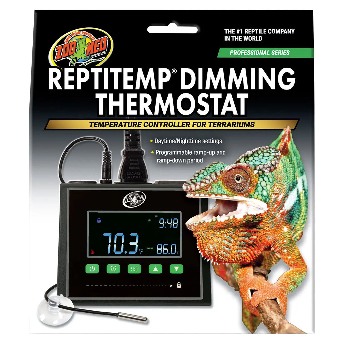 The Zoo Med Laboratories ReptiTemp Dimming Thermostat package shows a digital thermostat with precise heat control and a vibrant chameleon on the right, plus programmable features for reptile habitats highlighted on the packaging.