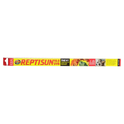 A yellow and red box labeled Zoo Med T8 ReptiSun 10.0 UVB Fluorescent Lamp White by RSC, featuring reptiles and brand logos, contains a UVB lamp designed to provide essential light for reptile terrariums.