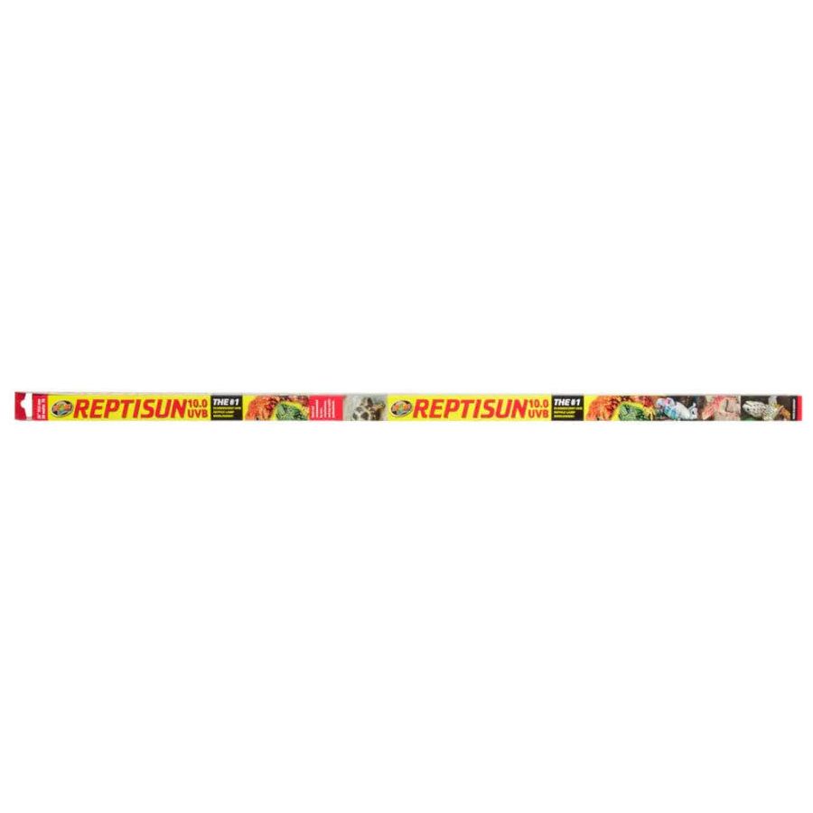 A long, rectangular box labeled RSC Zoo Med T8 ReptiSun 10.0 UVB Fluorescent Lamp White features reptiles and bold yellow, red, and black colors. The packaging promotes UVB lighting essential for reptiles.