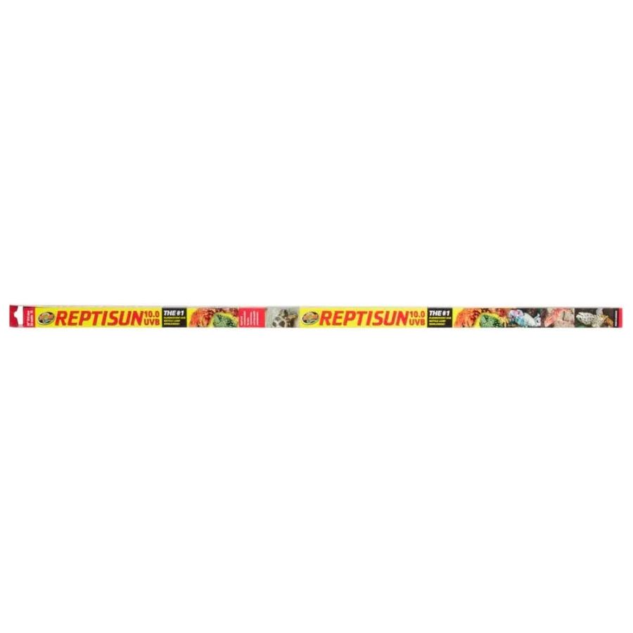 A long, rectangular box labeled RSC Zoo Med T8 ReptiSun 10.0 UVB Fluorescent Lamp White, featuring images of a lizard and turtle in yellow, red, and black, containing a reptile UVB lamp.
