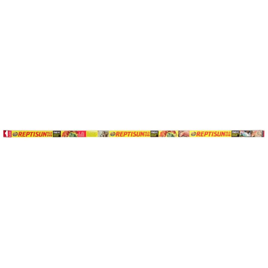 A long, rectangular white box labeled RSC Zoo Med T8 ReptiSun 10.0 UVB Fluorescent Lamp displays reptile images and product details for this UVB lamp on its packaging.