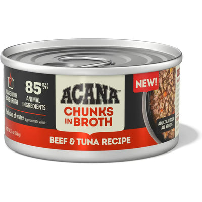 ACANA beef and tuna wet cat food can with 85% animal ingredients in savory broth