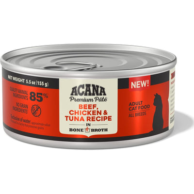 ACANA beef chicken tuna wet cat food in bone broth, premium quality with 85% animal ingredients
