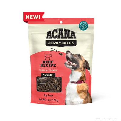 ACANA beef jerky dog treats in a bag featuring a dog and high-quality beef ingredients