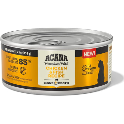 ACANA chicken and fish wet cat food in a 5.5 oz can featuring premium ingredients for all breeds