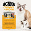 ACANA chicken and tuna wet cat food in a can with a playful cat enjoying the meal