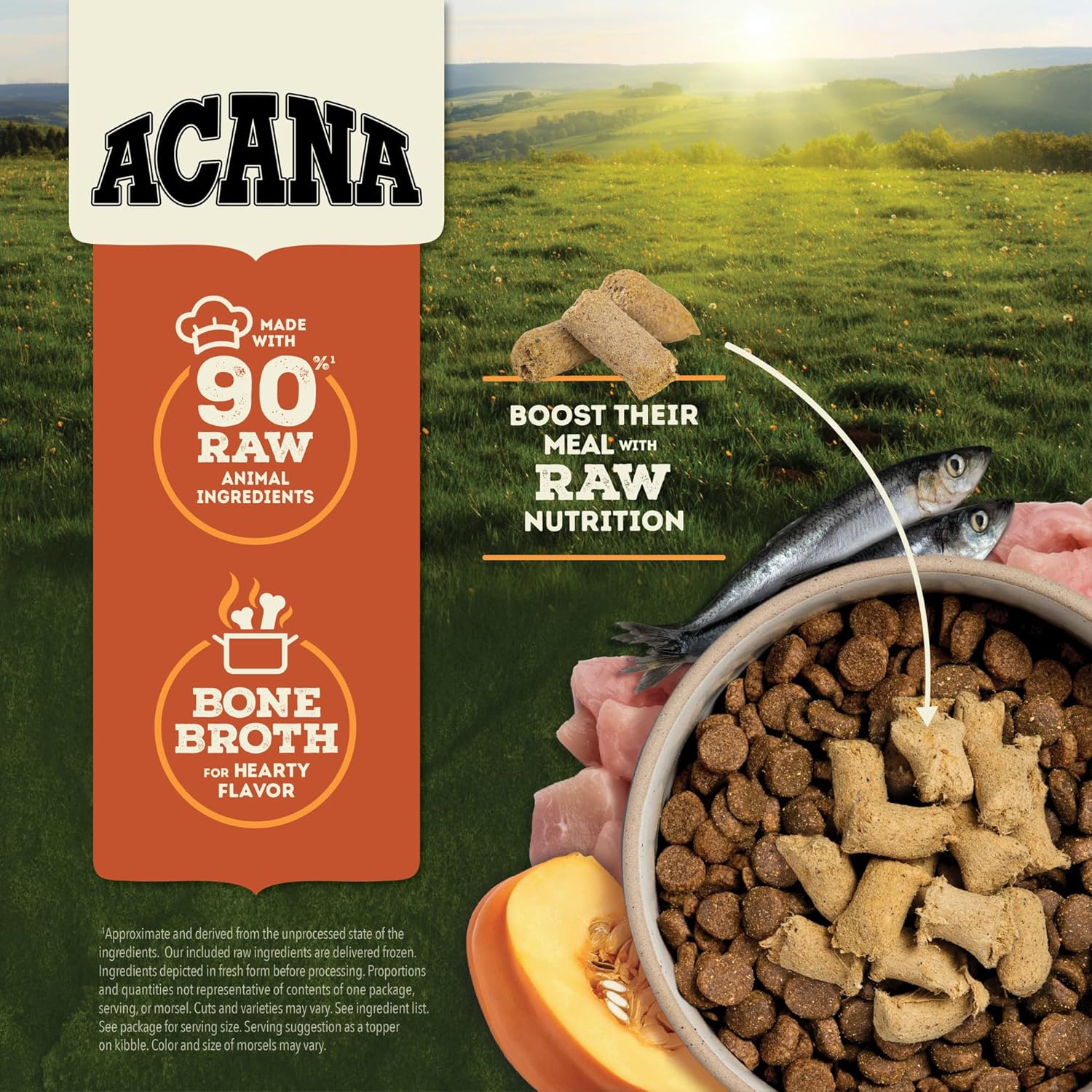 Acana Freeze-Dried Dog Food featuring 90 percent raw animal ingredients and bone broth for hearty flavor