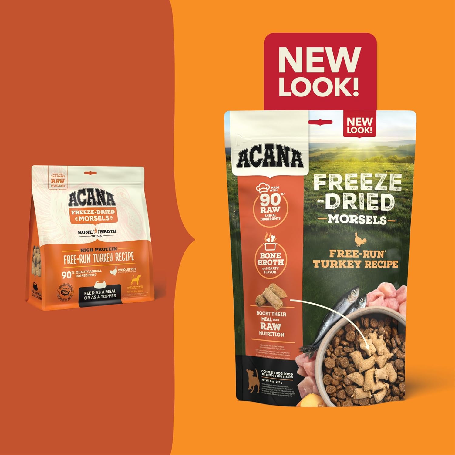 Acana Freeze-Dried Dog Food featuring Free-Run Turkey Recipe in new packaging for nutritious pet meals