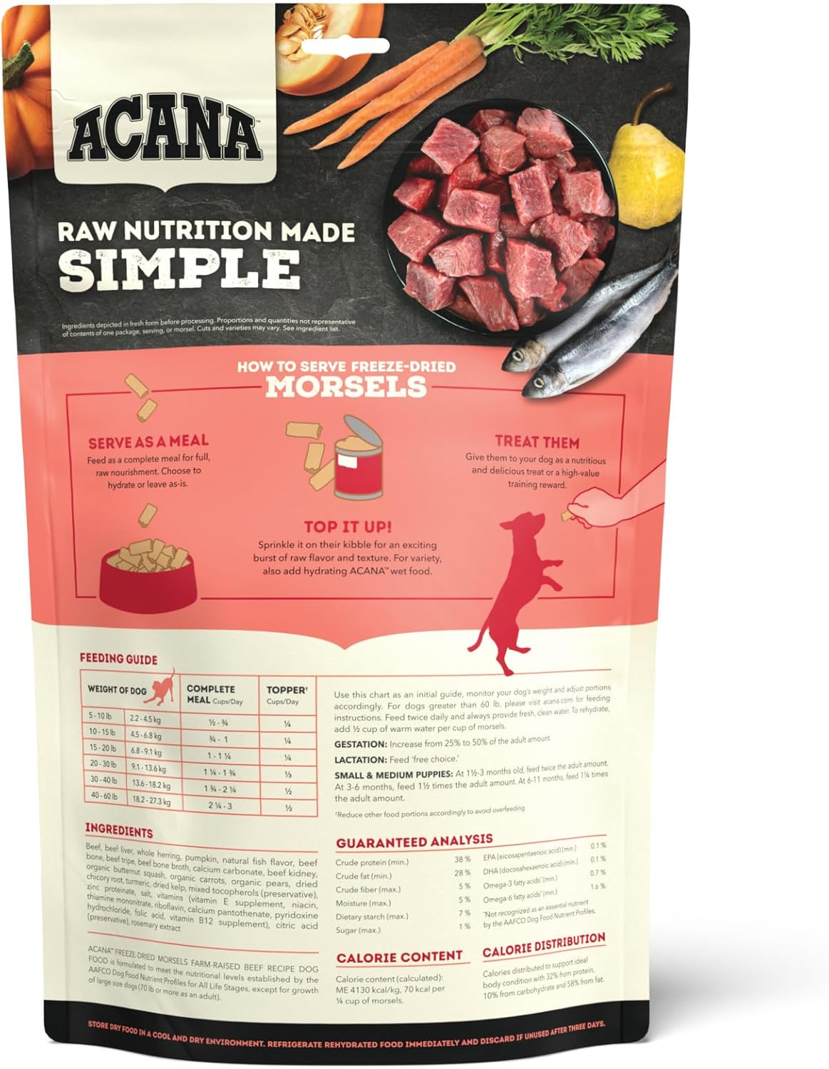 Acana Freeze-Dried Dog Food packaging with feeding guide and ingredient list for healthy dog nutrition