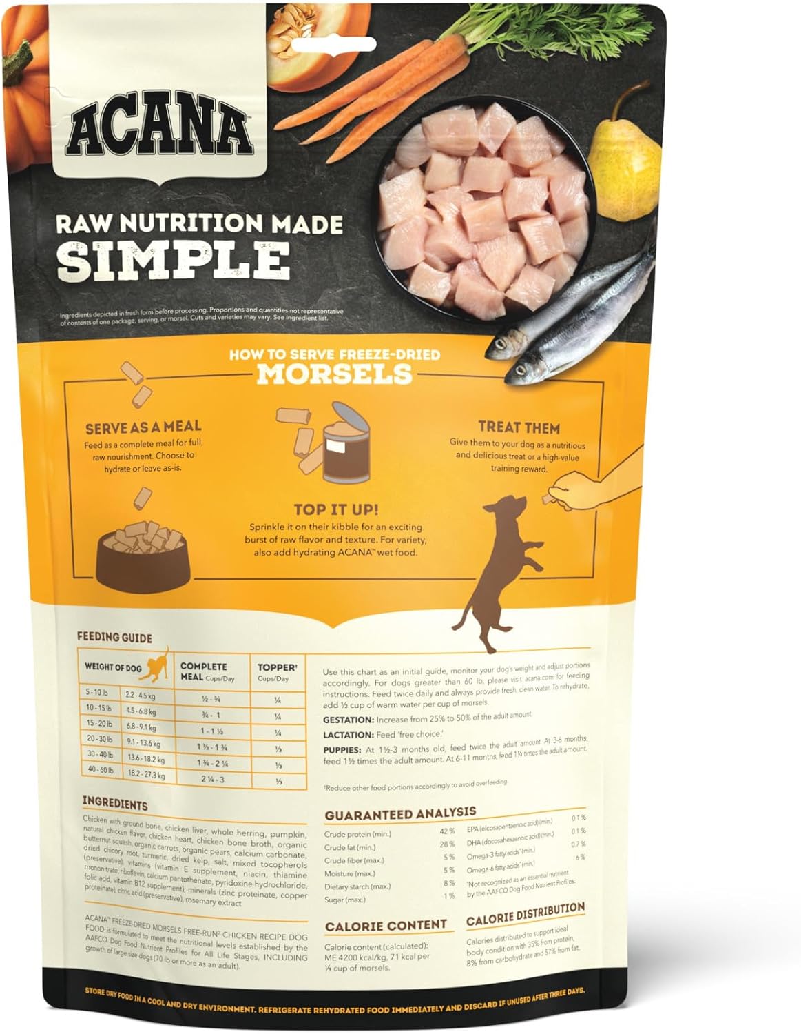 Acana Freeze-Dried Dog Food in a resealable bag with raw morsels and fresh ingredients for dogs