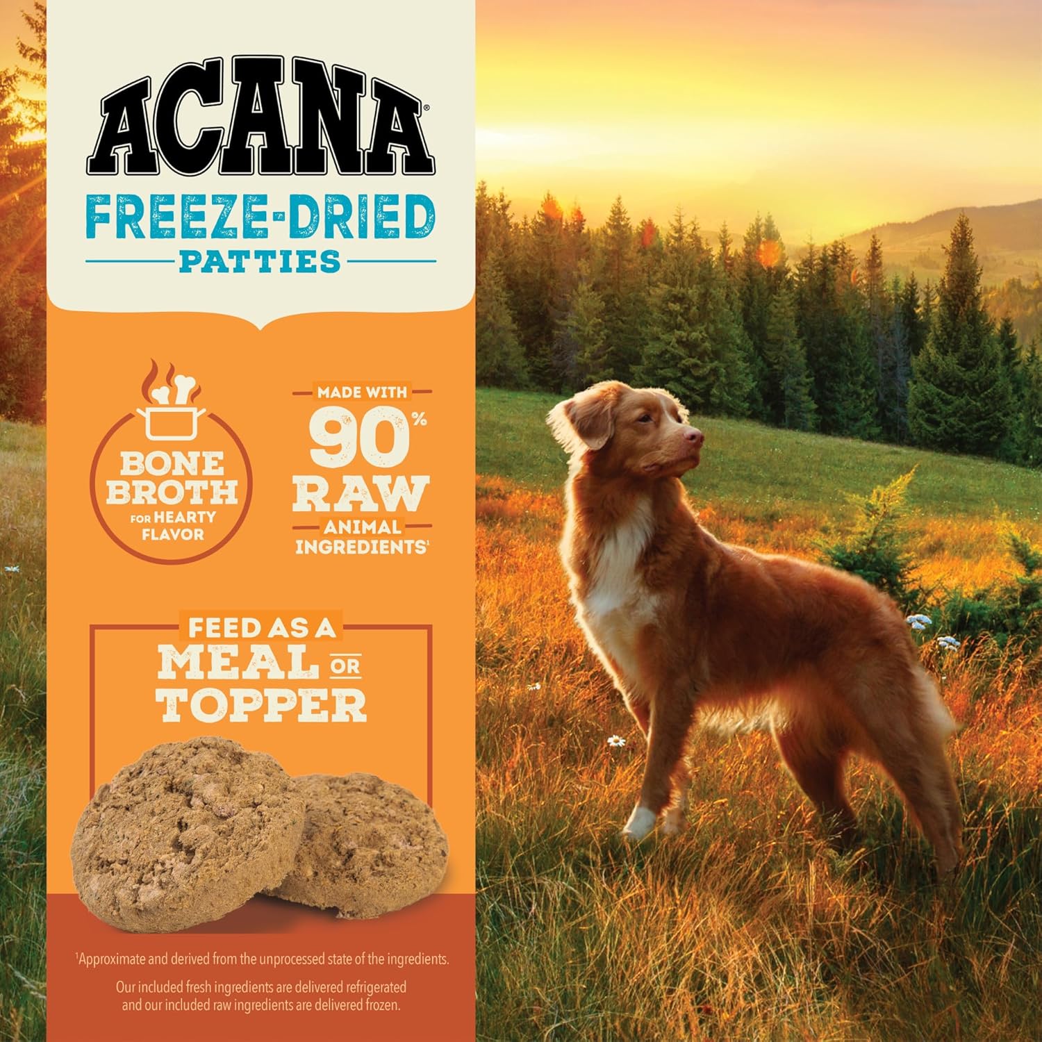 Acana freeze-dried dog food topper with nutrient-rich patties and a dog in a scenic outdoor setting