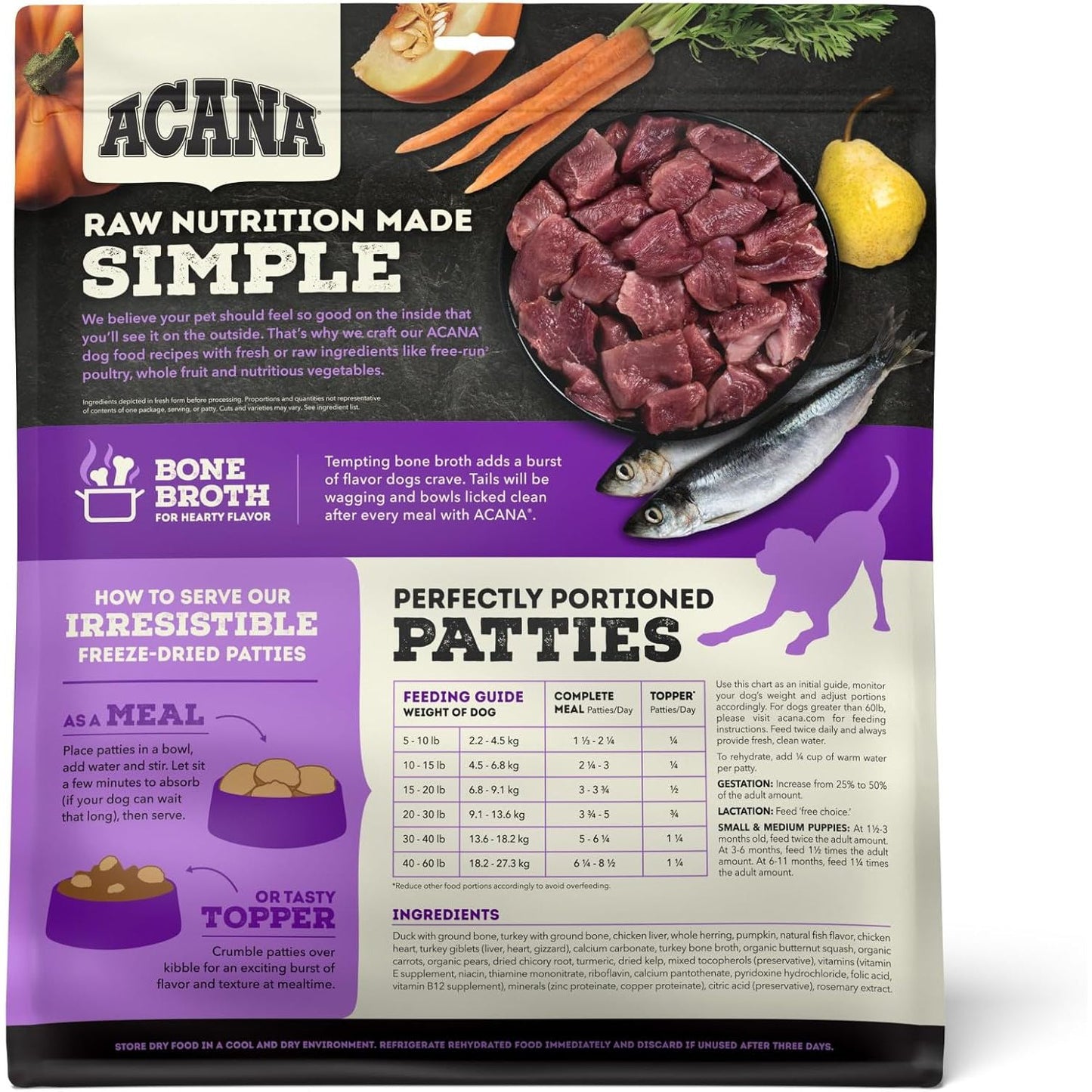 Acana freeze-dried dog food topper featuring raw nutrition patties for healthy canine meals