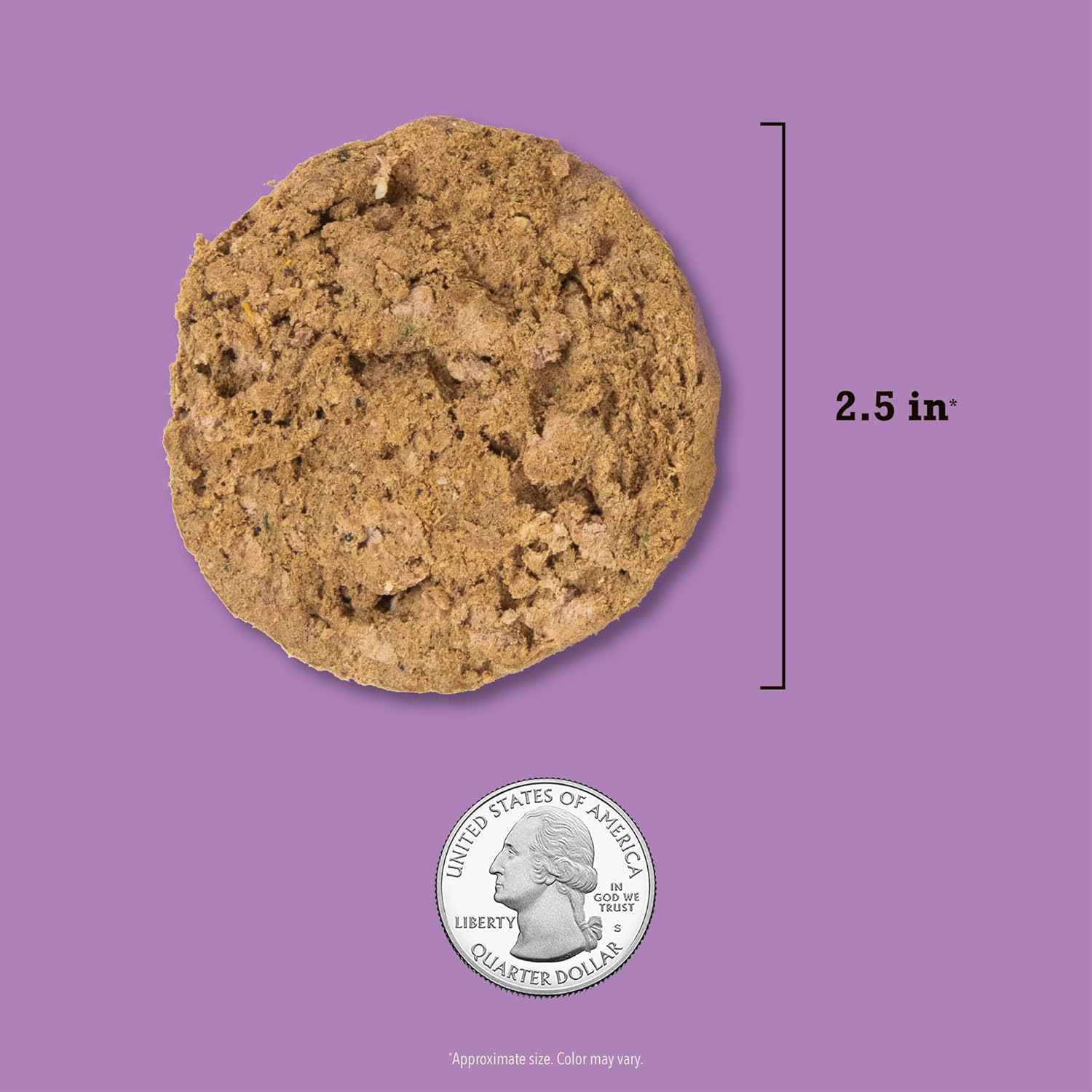 Acana freeze-dried dog food topper in a circular shape, measuring 2.5 inches in diameter