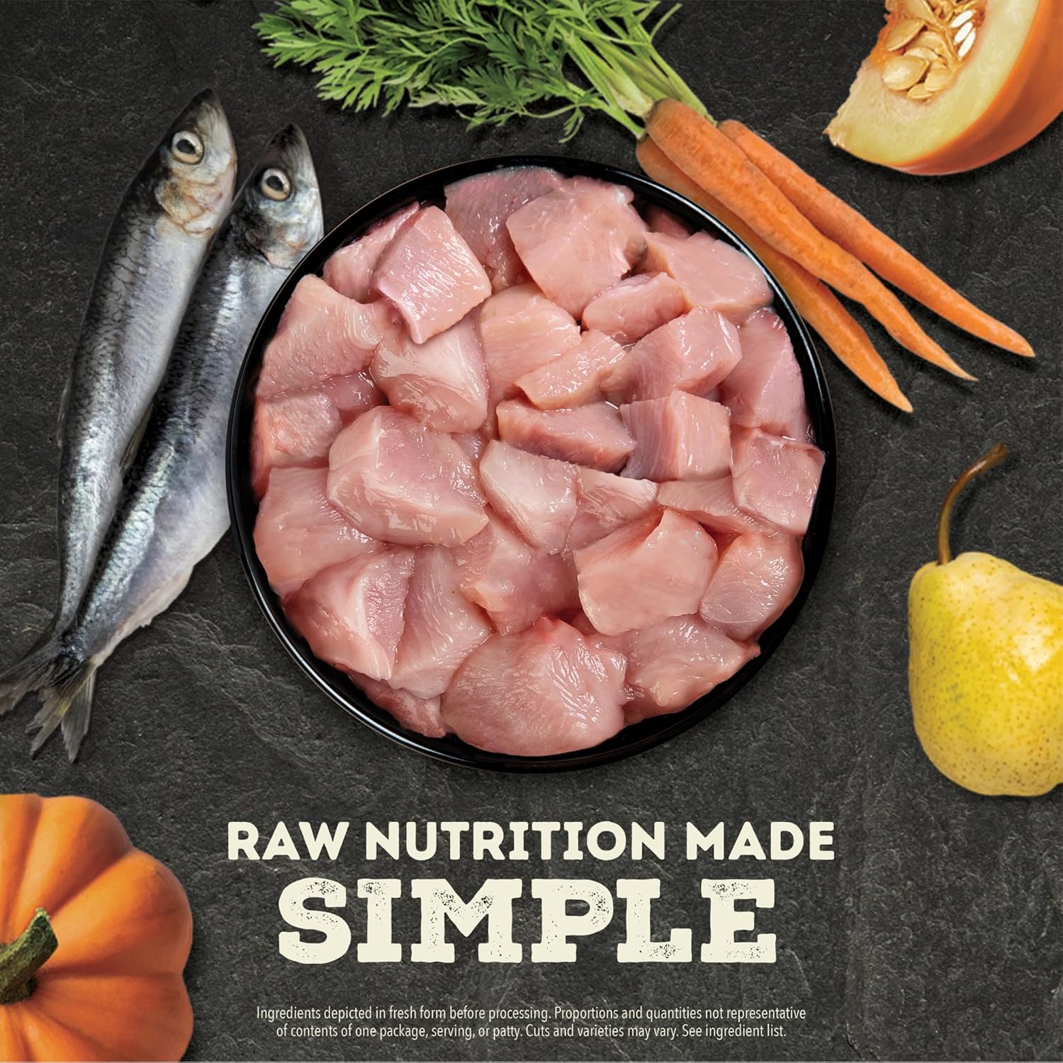 Acana freeze-dried dog food topper featuring fresh raw ingredients like chicken and vegetables