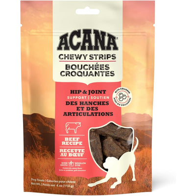 Acana Hip and Joint Support Dog Treats in a 4 oz bag with beef recipe and chewy strips