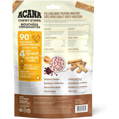 Acana immune support dog treats package featuring chewy strips with key ingredients for canine health