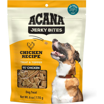 ACANA jerky bites poultry dog treats with chicken recipe, perfect for rewarding your dog