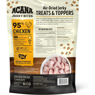 ACANA jerky bites poultry dog treats with 95 percent chicken, air-dried for rich flavor and nutrition