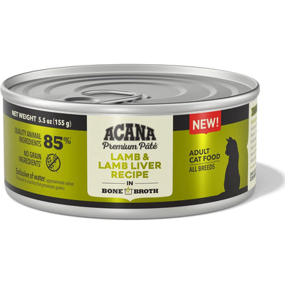 ACANA lamb pate wet cat food in a 5.5 oz can, featuring lamb and liver recipe in bone broth