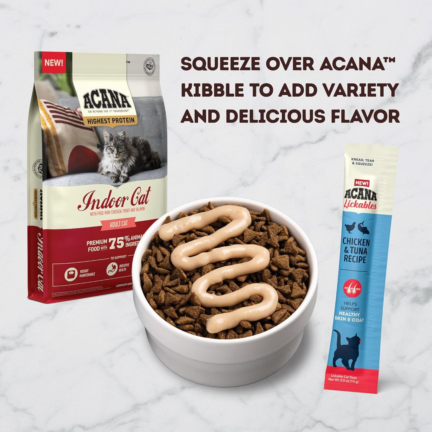 Acana lickable healthy skin and coat cat treats drizzled over premium cat kibble for added flavor