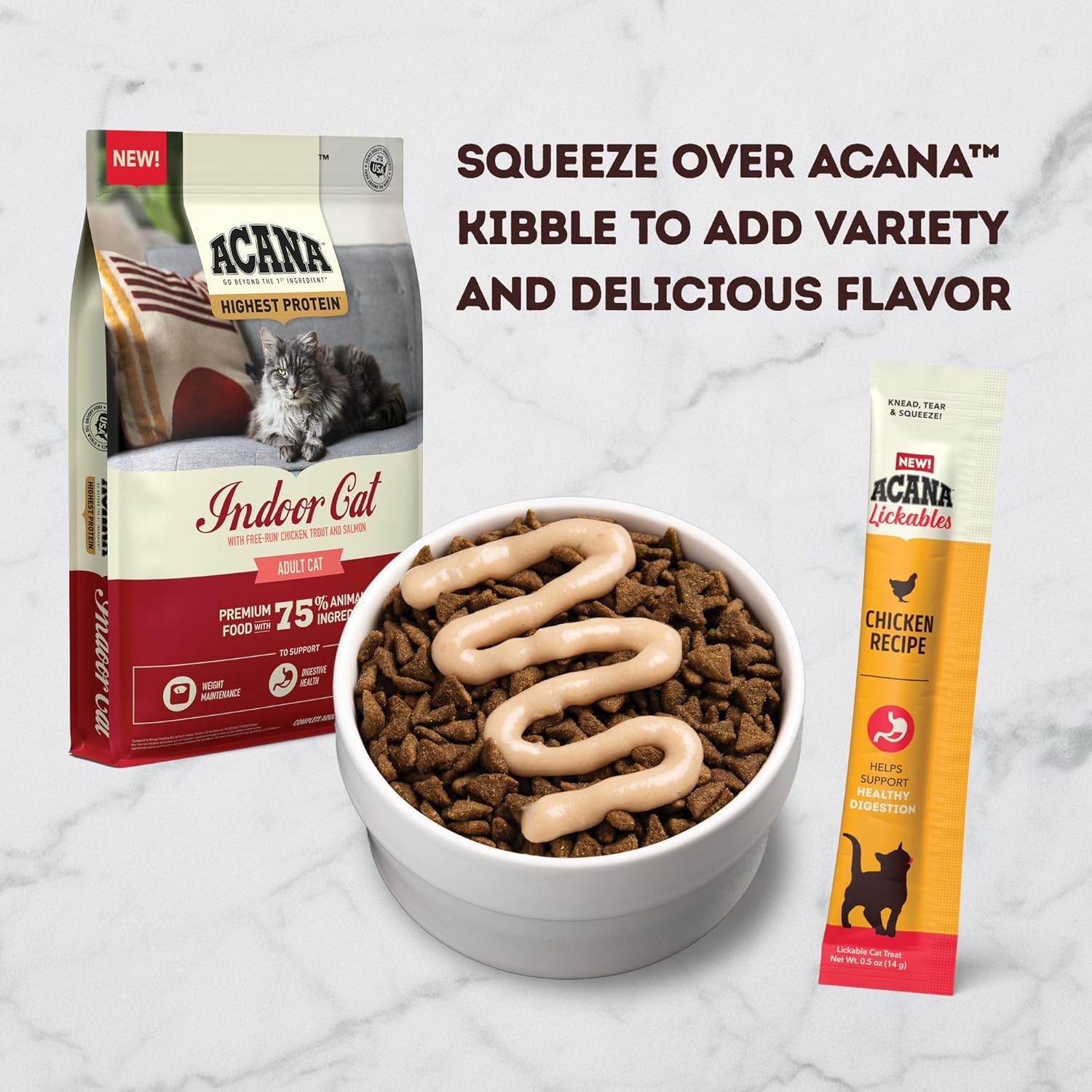 Talis Us healthy digestion cat treats drizzled over ACANA kibble for added flavor and nutrition