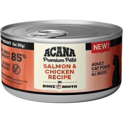 ACANA salmon and chicken wet cat food in a 3 oz can, rich in protein and made with real ingredients