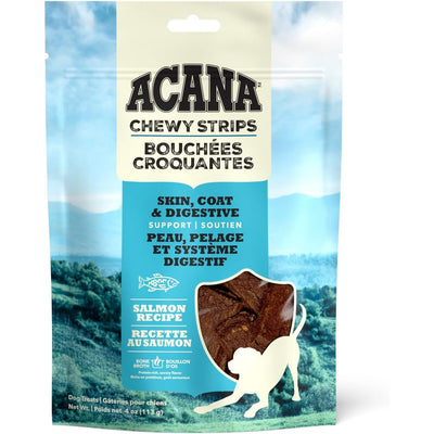 Acana skin and coat dog treats in a bag featuring chewy salmon strips for healthy skin and fur
