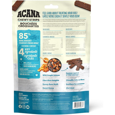 Acana skin and coat dog treats packaging with chewy strips made from wild-caught salmon and fiber-rich pumpkin