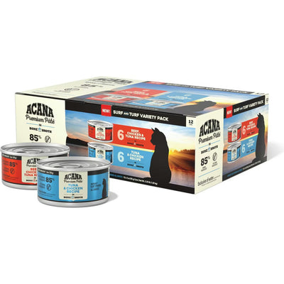 ACANA surf and turf wet cat food variety pack featuring beef and chicken, tuna and chicken recipes
