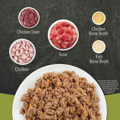 ACANA wet cat food tuna and chicken ingredients including chicken liver, tuna, and chicken on a plate