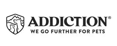 Addiction logo featuring a black shield emblem with mountain and dog silhouettes above the brand name in bold, uppercase letters.