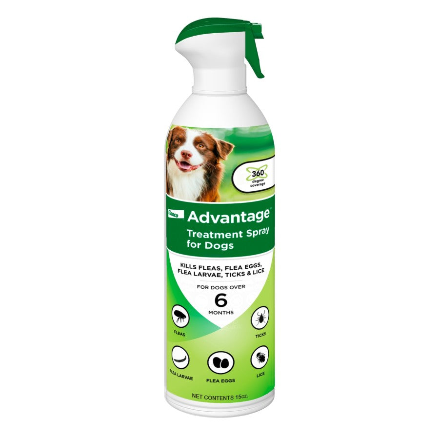 Advantage flea and tick spray for dogs in a spray bottle, effective for six months against fleas and ticks