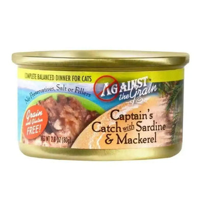 A 2.8-oz can of Against the Grain CaptainS Catch Sardine & Mackerel Dinner for Cats—grain-free, made with sustainable ingredients, and contains no preservatives, salt, or fillers. Packaged in a case of 24. Brand: Against the Grain.