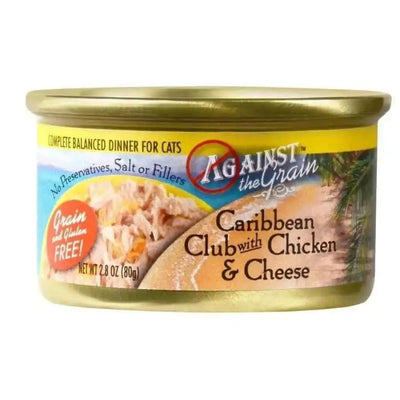 A case of 24 Against the Grain Caribbean Club With Chicken & Cheese Dinner For Cats 2.8-oz cans, a natural, grain-free, gluten-free cat food with no preservatives, salt, or fillers; label shows a beach scene and shredded chicken.