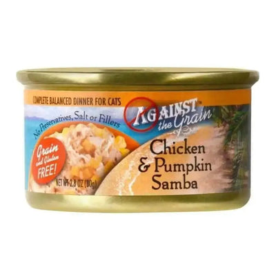 Against the Grain Chicken & Pumpkin Samba Dinner for Cats, 2.8-oz can, is a grain-free meal with no preservatives, salt, or fillers—perfect as a complete, balanced dinner and ideal cat food for allergies. Available in cases of 24.
