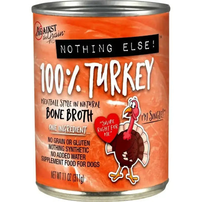 Against the Grain Nothing Else 100% One Ingredient Adult Wet Dog Food Turkey is a grain-free, limited ingredient wet dog food with no added water, gluten, or synthetics—just pure turkey for your dog.
