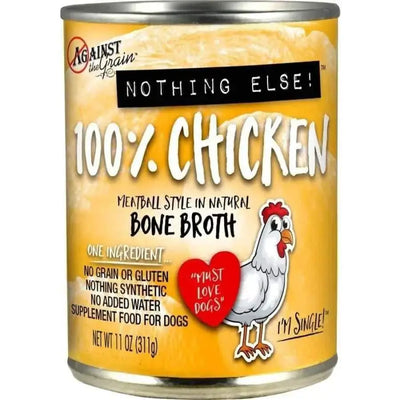 A case of 12 Against the Grain Nothing Else One Ingredient Chicken Dog Food cans (11-oz each) features limited ingredient, grain-free, 100% chicken for dogs.