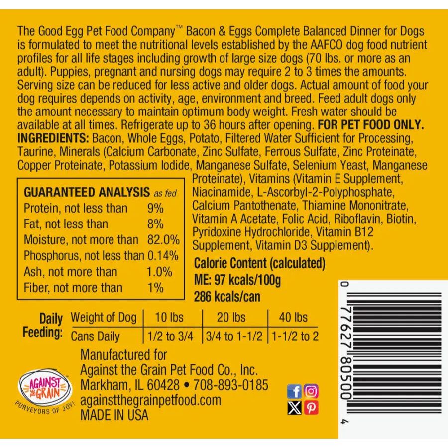 Against the Grain The Good Egg Bacon and Eggs Canned Dog Food 12ea/10.5 oz - Talis Us