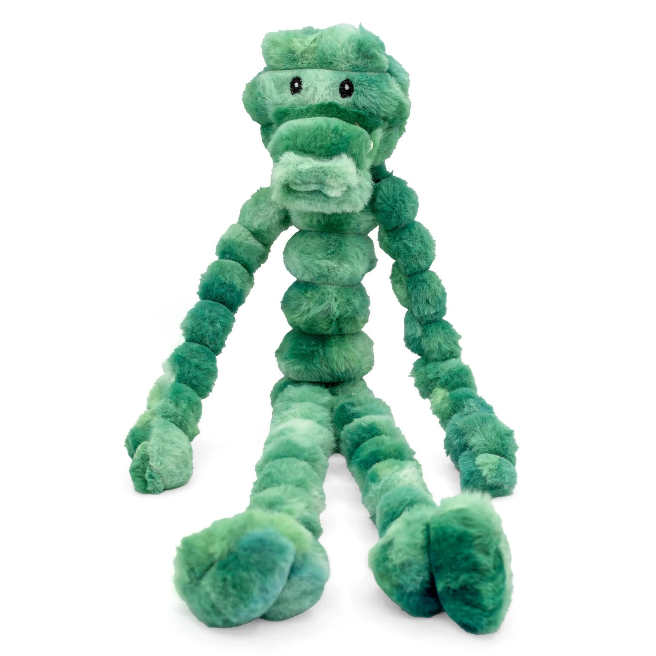 ThoozyPet alligator dog tug toy in green plush with long limbs for playful tugging sessions