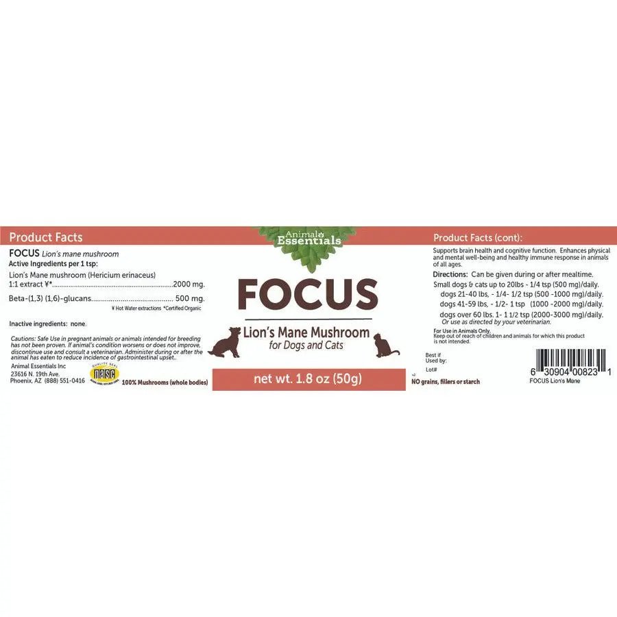 Animal Essentials Focus Lions Mane Cat & Dog Vitamin Supplement 80g - Talis Us