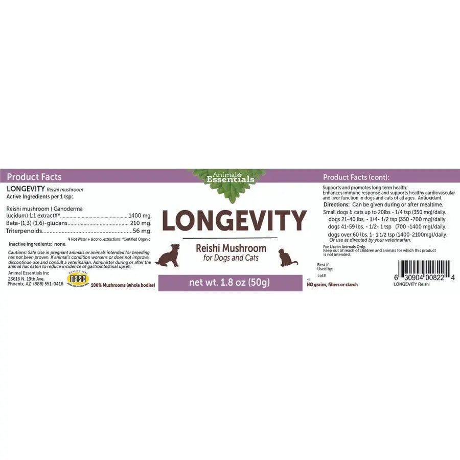 Animal Essentials Longevity Reishi Mushroom Cat & Dog Vitamin Supplement 50g - Talis Us