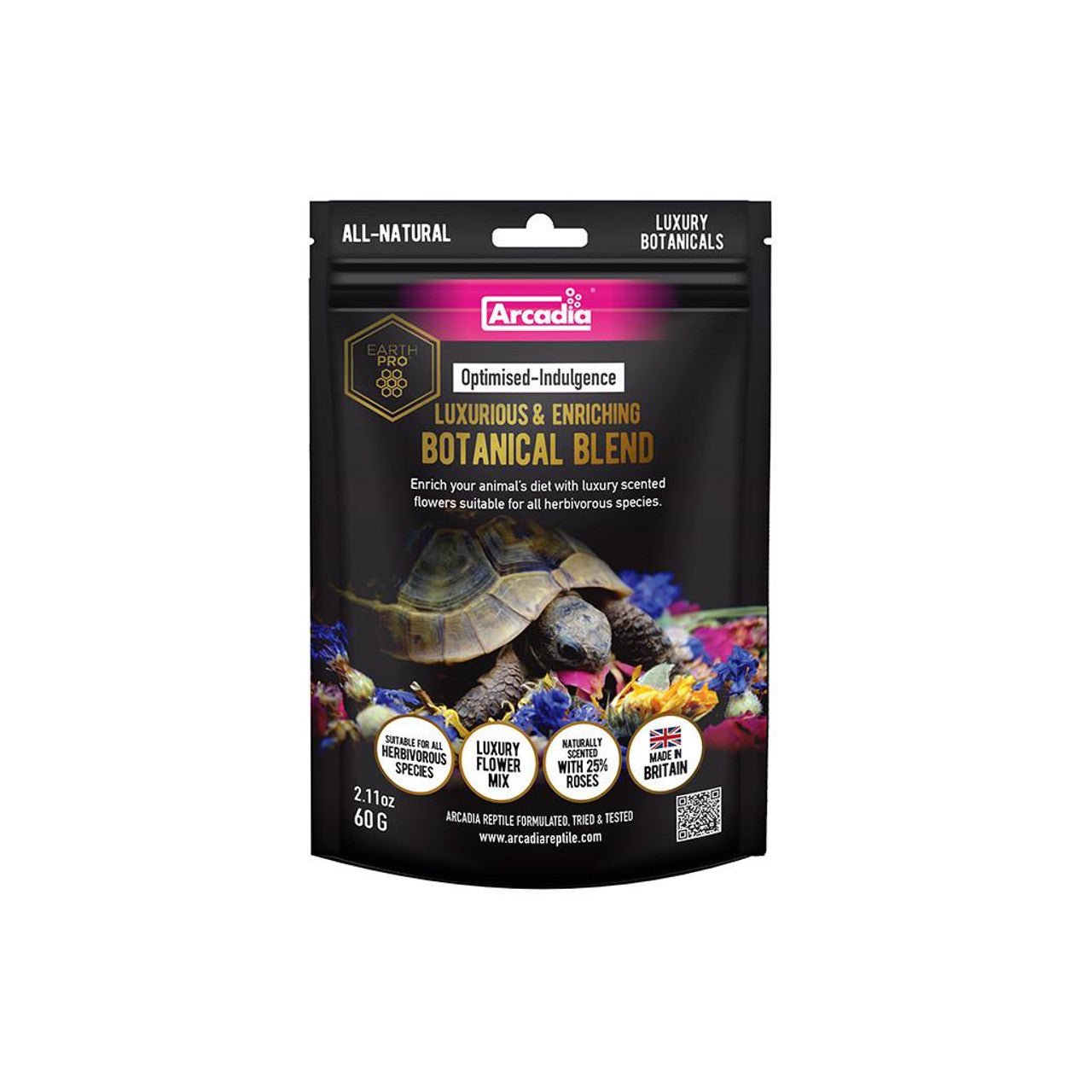 Arcadia reptile botanical blend food in a resealable package for enriching tortoise diets