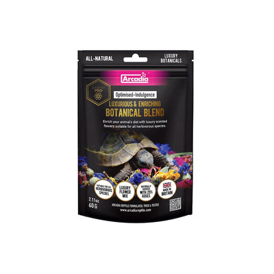 Arcadia reptile botanical blend food in a resealable package for enriching tortoise diets