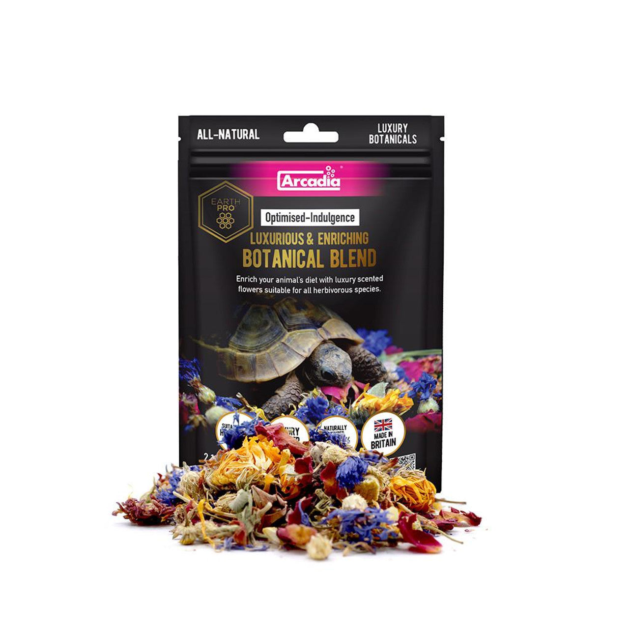 Arcadia reptile botanical blend food featuring a mix of colorful dried flowers for enriching pet diets